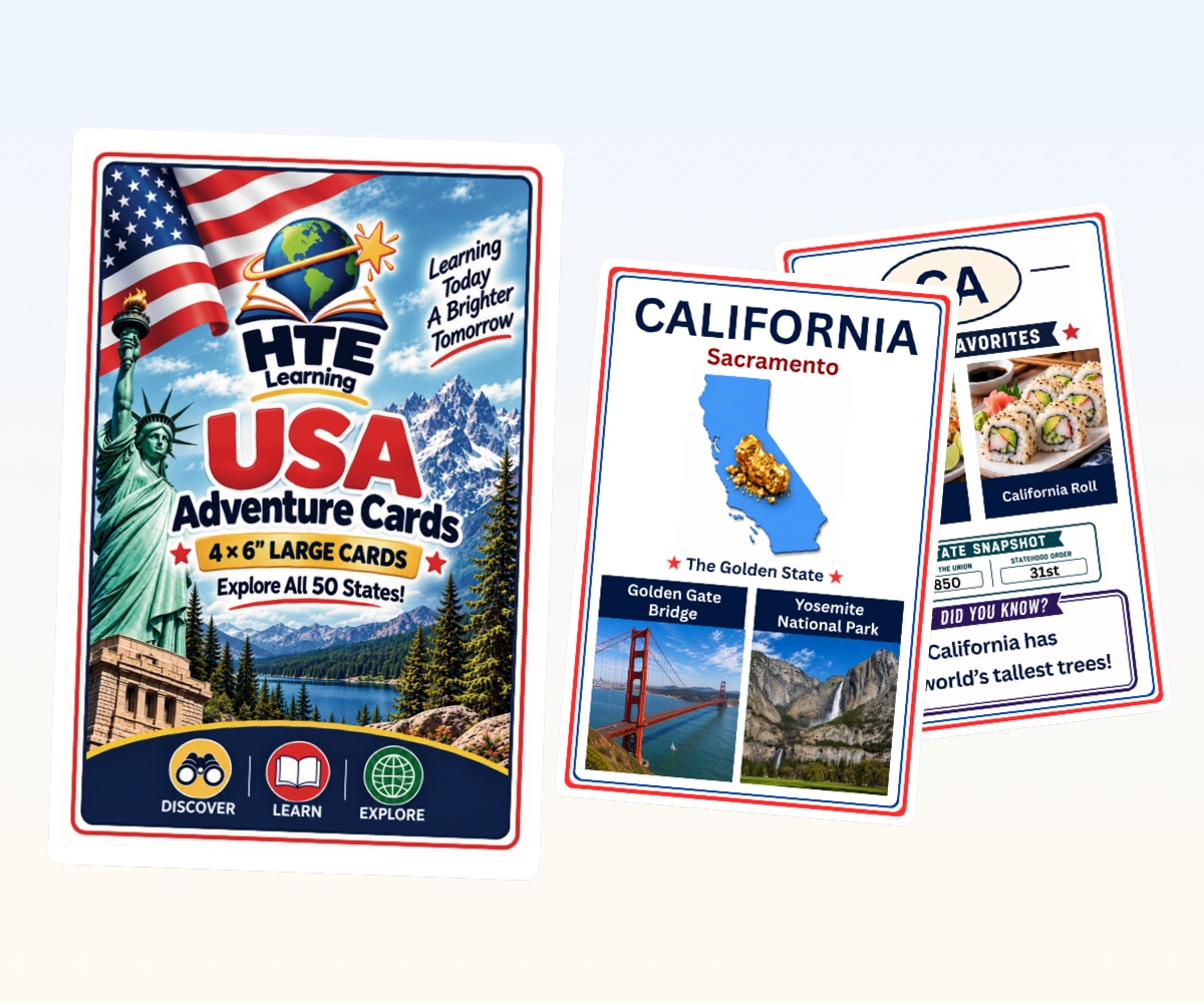 USA Adventure Cards box with the California card, front and back
