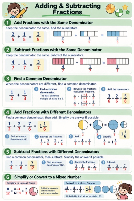 Adding and subtracting fractions teaching page